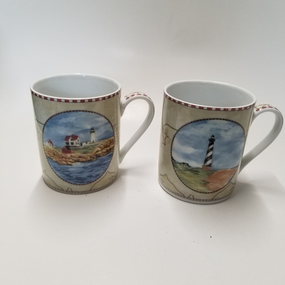 American Atelier Signals 5100 Lighthouse Porcelain 2 Mugs Cape Neddick Hatteras